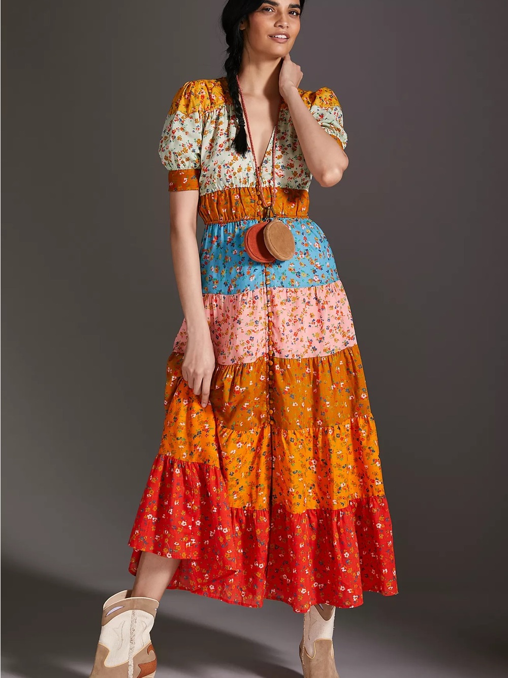 Anthropologie NWT Tiered & True Patchwork Tiered Floral Maxi Dress Pockets Fall